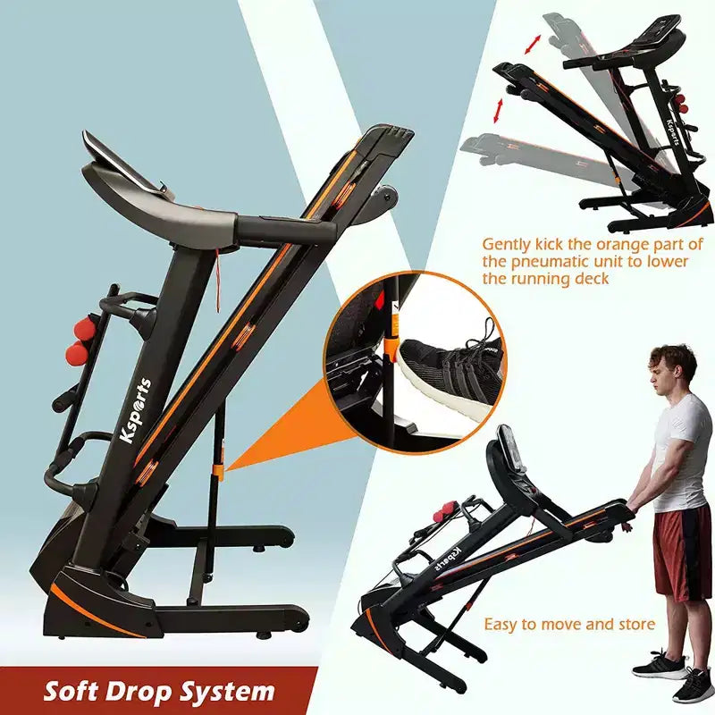 Tapis de course électrique multifonctionnel Ksports pour la maison, entraînement cardio et force avec tapis pour abdominaux, sangle pour sit-ups et inclinaison réglable
