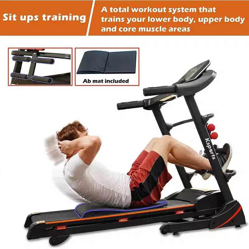 Tapis de course électrique multifonctionnel Ksports pour la maison, entraînement cardio et force avec tapis pour abdominaux, sangle pour sit-ups et inclinaison réglable
