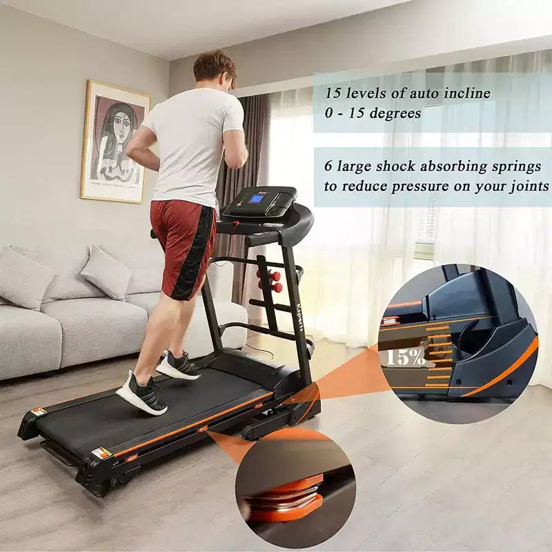 Tapis de course électrique multifonctionnel Ksports pour la maison, entraînement cardio et force avec tapis pour abdominaux, sangle pour sit-ups et inclinaison réglable