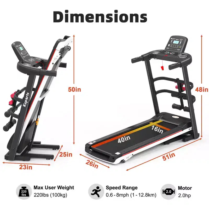 Tapis de course électrique multifonctionnel Ksports pour la maison, entraînement cardio et force avec tapis pour abdominaux, sangle pour sit-ups et inclinaison réglable
