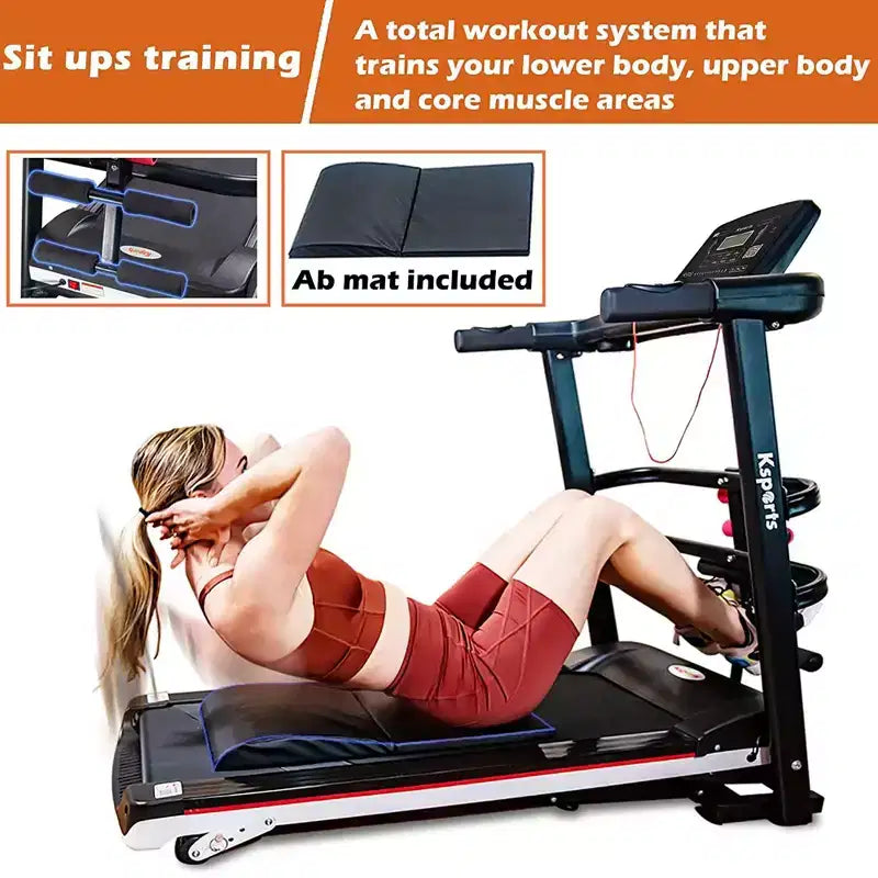 Tapis de course électrique multifonctionnel Ksports pour la maison, entraînement cardio et force avec tapis pour abdominaux, sangle pour sit-ups et inclinaison réglable