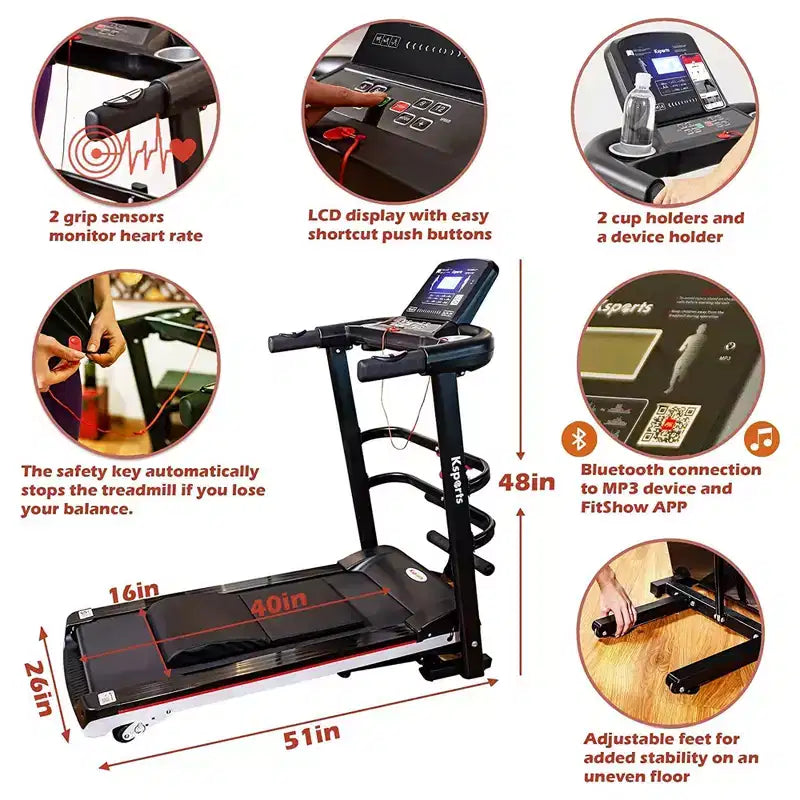 Tapis de course électrique multifonctionnel Ksports pour la maison, entraînement cardio et force avec tapis pour abdominaux, sangle pour sit-ups et inclinaison réglable