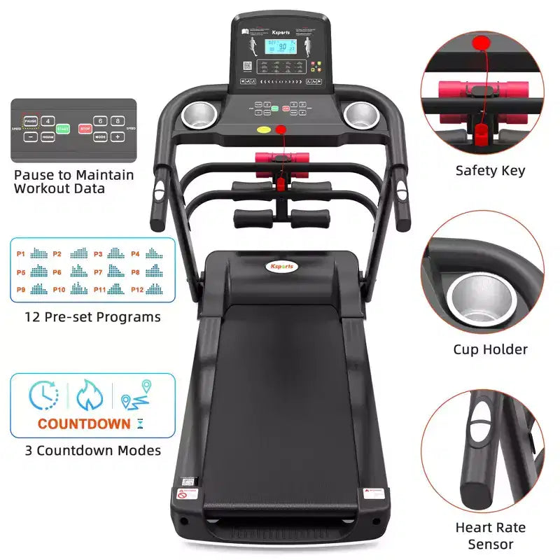 Tapis de course électrique multifonctionnel Ksports pour la maison, entraînement cardio et force avec tapis pour abdominaux, sangle pour sit-ups et inclinaison réglable