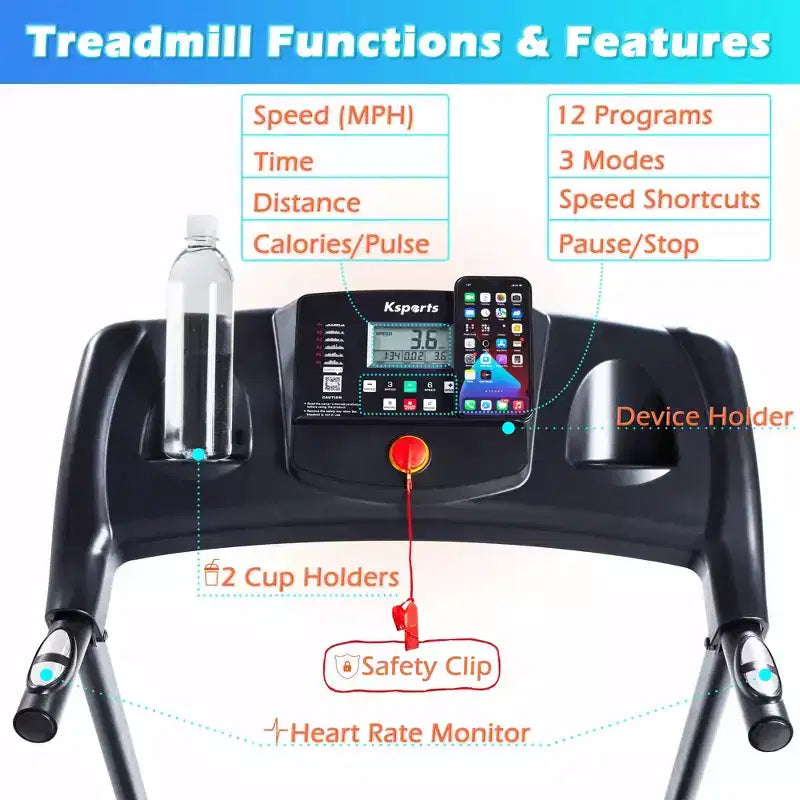 Tapis de course électrique multifonctionnel Ksports pour la maison, entraînement cardio et force avec tapis pour abdominaux, sangle pour sit-ups et inclinaison réglable