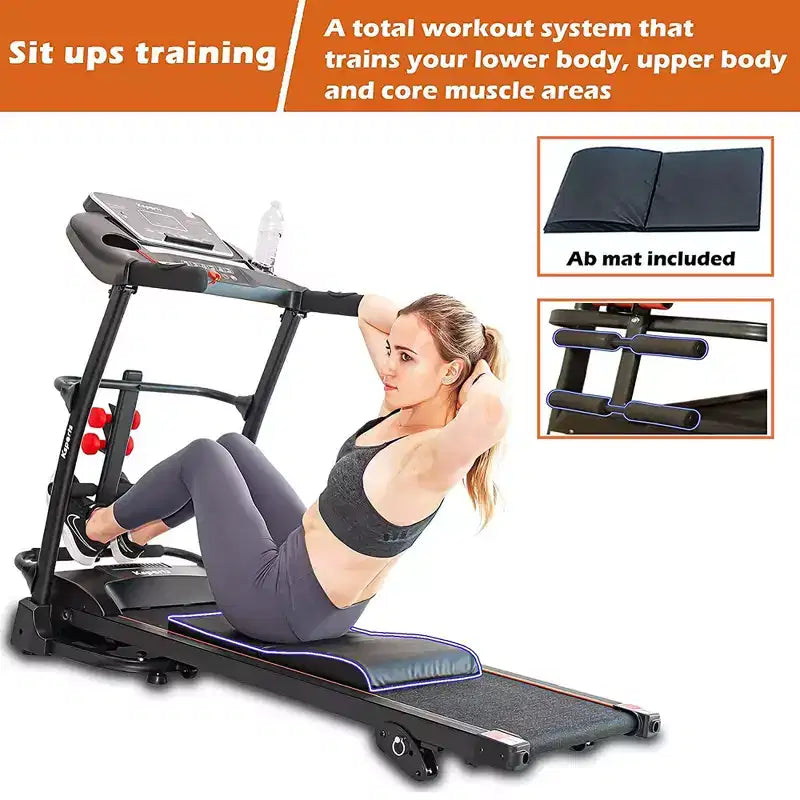 Tapis de course électrique multifonctionnel Ksports pour la maison, entraînement cardio et force avec tapis pour abdominaux, sangle pour sit-ups et inclinaison réglable