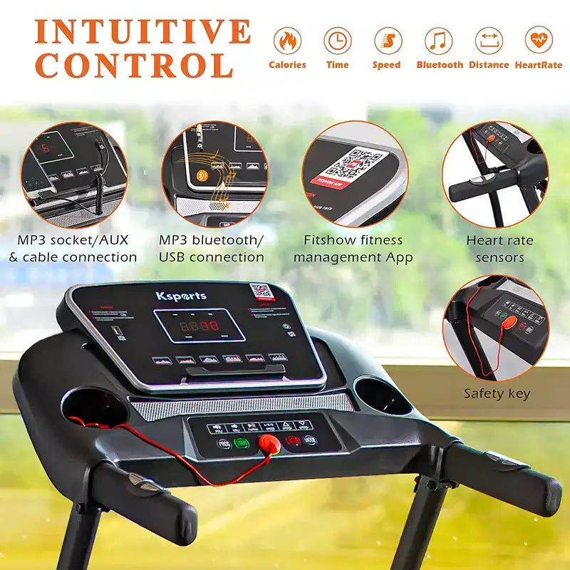 Tapis de course électrique multifonctionnel Ksports pour la maison, entraînement cardio et force avec tapis pour abdominaux, sangle pour sit-ups et inclinaison réglable