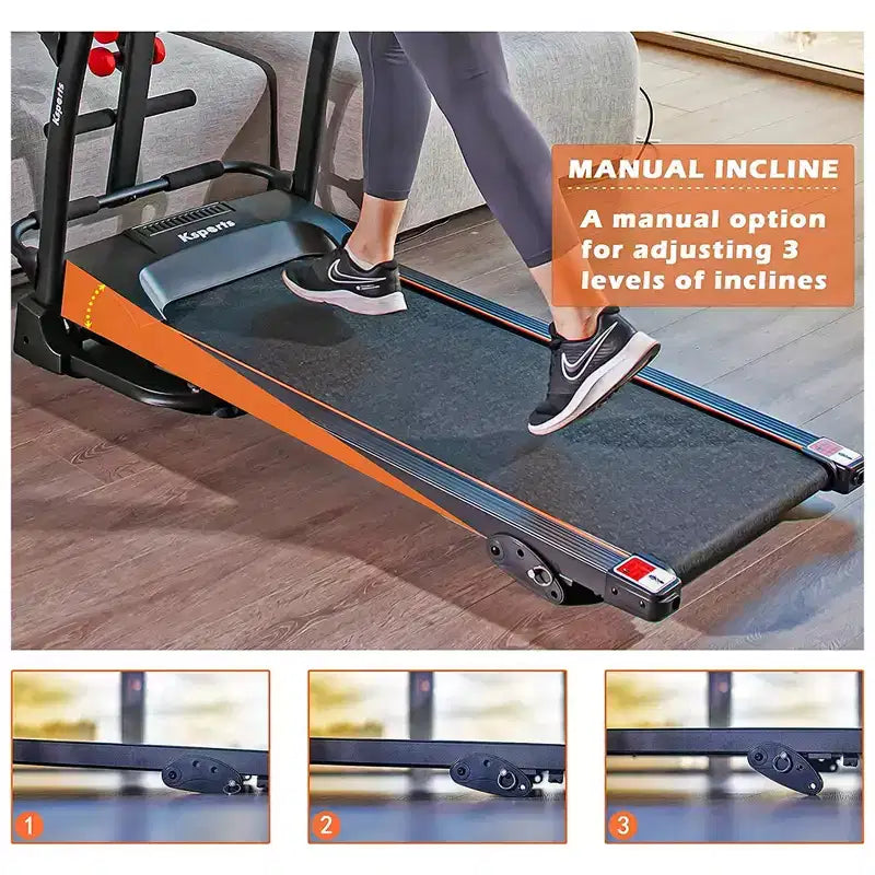 Tapis de course électrique multifonctionnel Ksports pour la maison, entraînement cardio et force avec tapis pour abdominaux, sangle pour sit-ups et inclinaison réglable