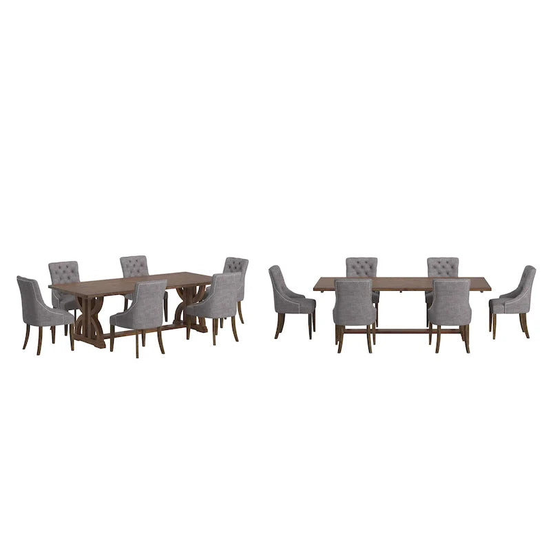 Ensemble de salle à manger table en bois de récupération Bratislava avec chaises à dossier incurvé et capitonnage boutonné