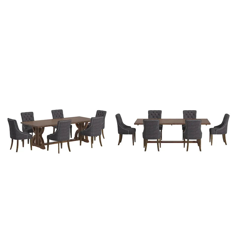 Ensemble de salle à manger table en bois de récupération Bratislava avec chaises à dossier incurvé et capitonnage boutonné