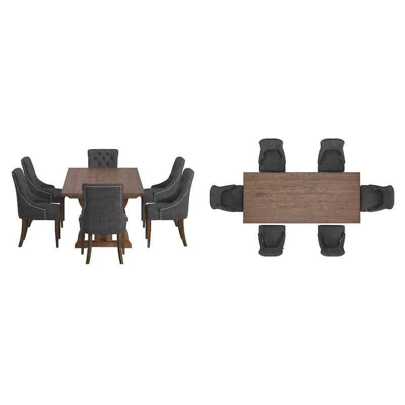 Ensemble de salle à manger table en bois de récupération Bratislava avec chaises à dossier incurvé et capitonnage boutonné