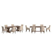 Ensemble de salle à manger table en bois de récupération Bratislava avec chaises à dossier incurvé et capitonnage boutonné