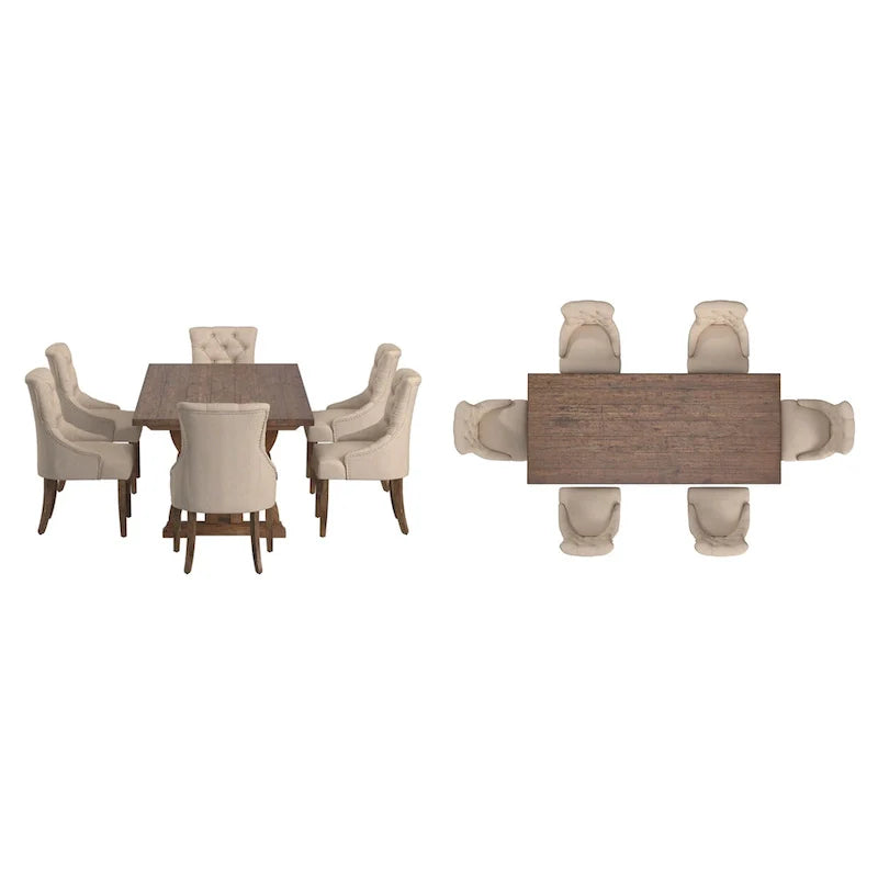 Ensemble de salle à manger table en bois de récupération Bratislava avec chaises à dossier incurvé et capitonnage boutonné