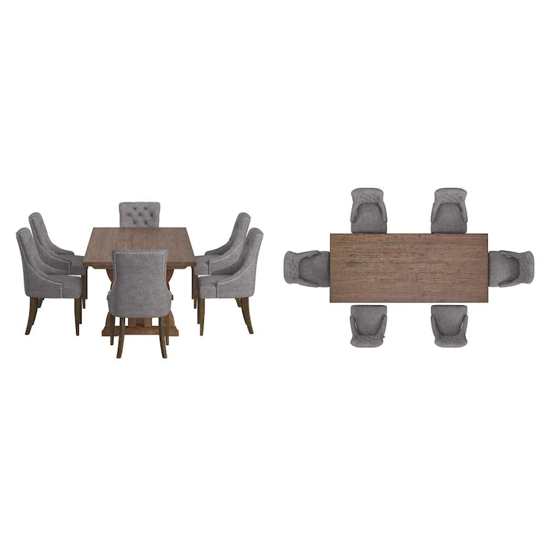Ensemble de salle à manger table en bois de récupération Bratislava avec chaises à dossier incurvé et capitonnage boutonné