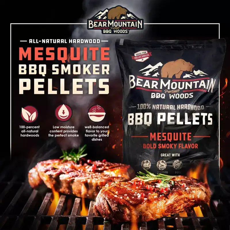 Bear Mountain BBQ Granulés de bois pour fumoir, 100 % naturels, saveur Mesquite, pour barbecues à gaz, charbon et électriques d'extérieur, 18,1 kg (lot de 2)