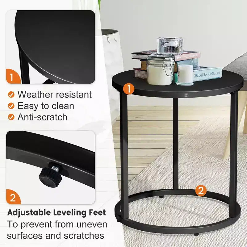 Crestlive Products Table d'appoint de jardin, table pour chaise longue, table bistrot ronde en metal pour interieur et extérieur (noir)