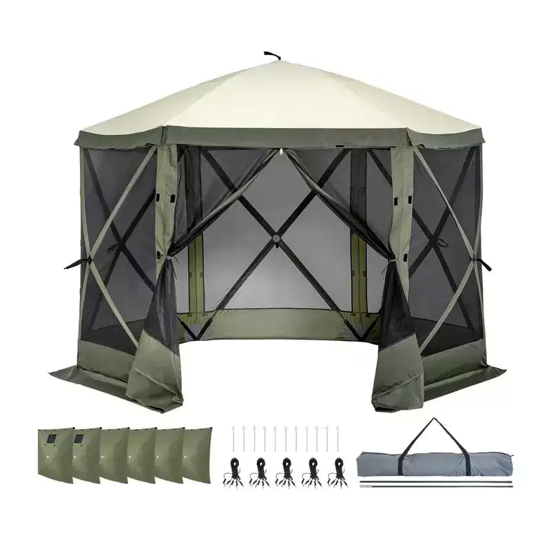 Tonnelle escamotable 10x10 pieds, 6 côtés, avec parois amovibles et moustiquaire