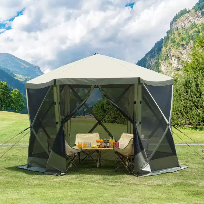 Tonnelle escamotable 10x10 pieds, 6 côtés, avec parois amovibles et moustiquaire