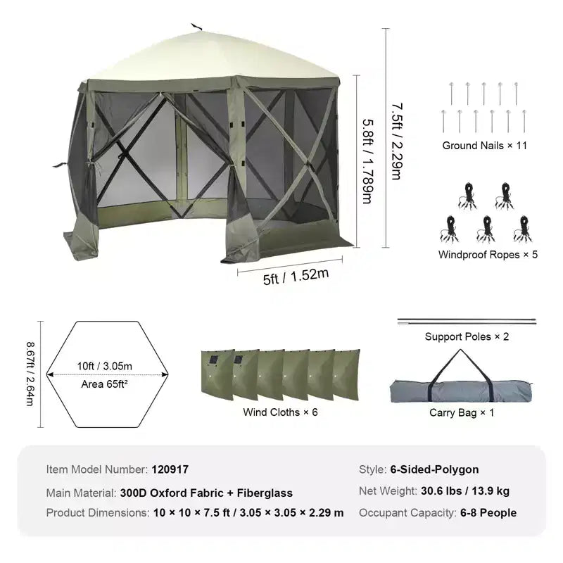 Tonnelle escamotable 10x10 pieds, 6 côtés, avec parois amovibles et moustiquaire