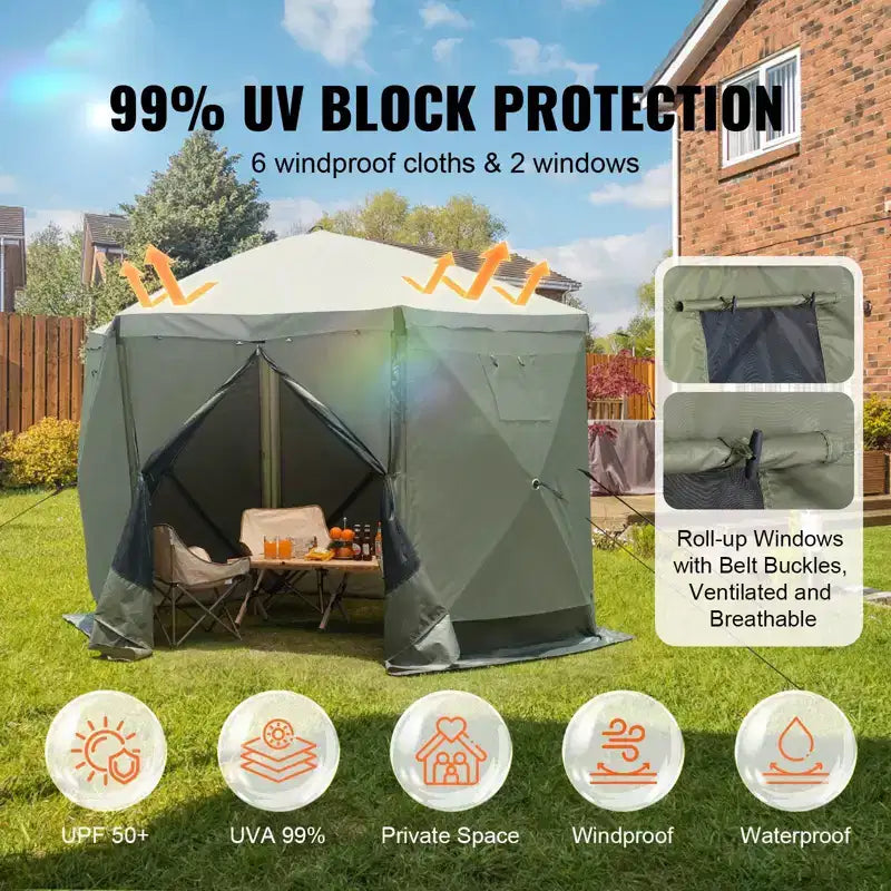 Tonnelle escamotable 10x10 pieds, 6 côtés, avec parois amovibles et moustiquaire