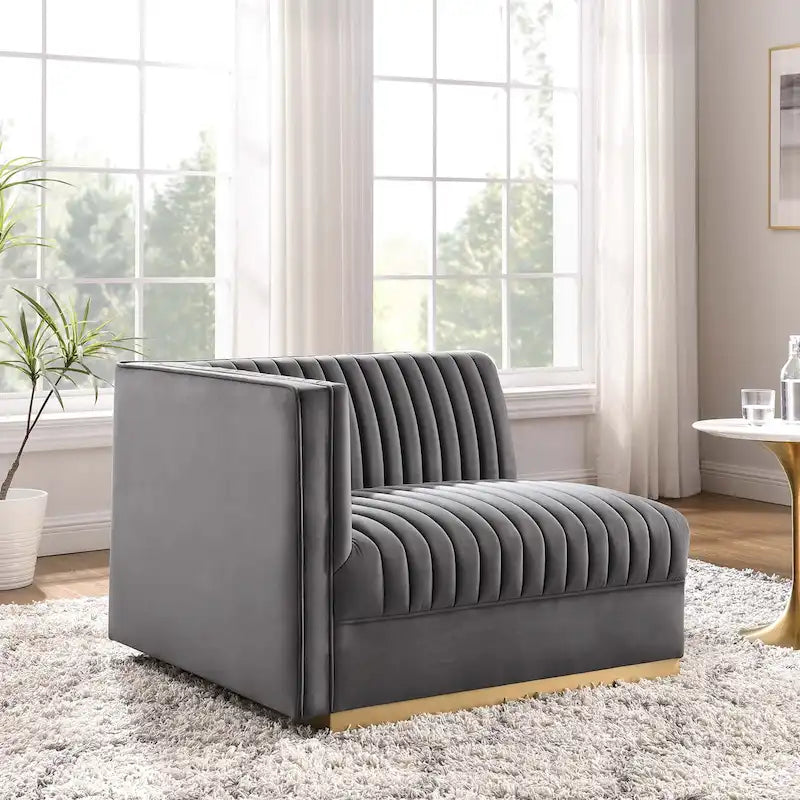 Sanguine Fauteuil accoudoir gauche pour canapé sectionnel modulable en velours performance à capitons canaux