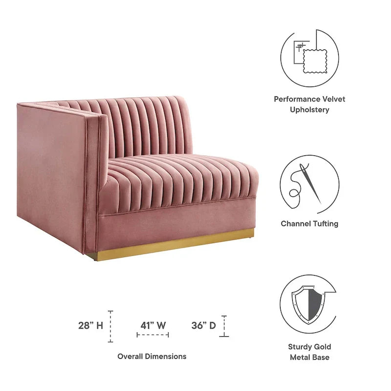 Sanguine Fauteuil accoudoir gauche pour canapé sectionnel modulable en velours performance à capitons canaux