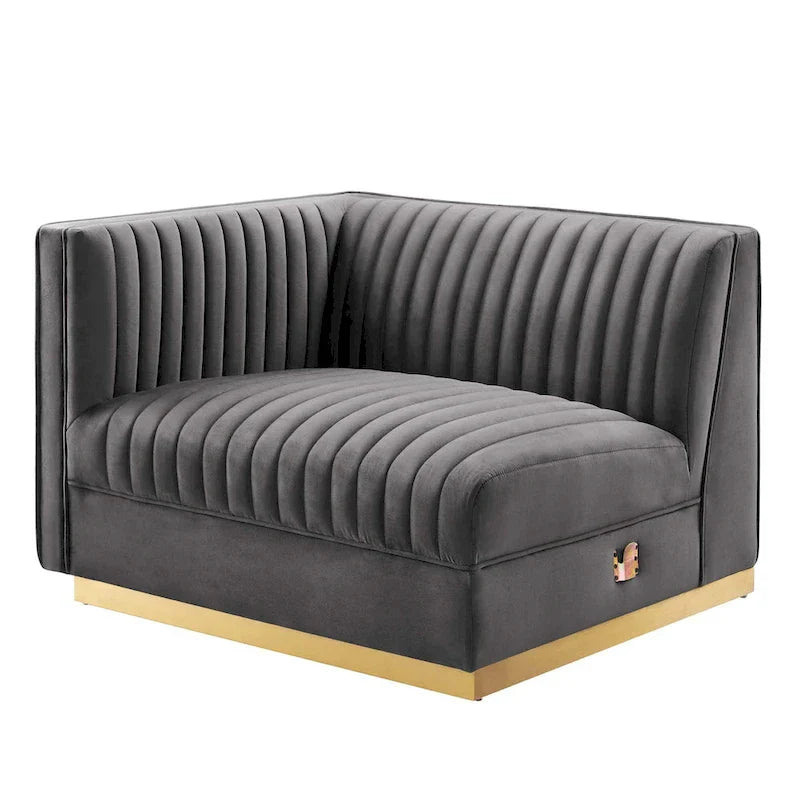 Sanguine Fauteuil accoudoir gauche pour canapé sectionnel modulable en velours performance à capitons canaux