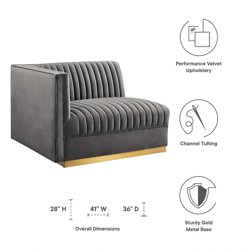 Sanguine Fauteuil accoudoir gauche pour canapé sectionnel modulable en velours performance à capitons canaux