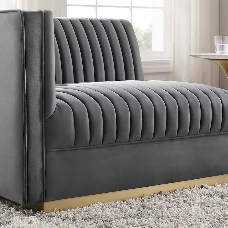 Sanguine Fauteuil accoudoir gauche pour canapé sectionnel modulable en velours performance à capitons canaux