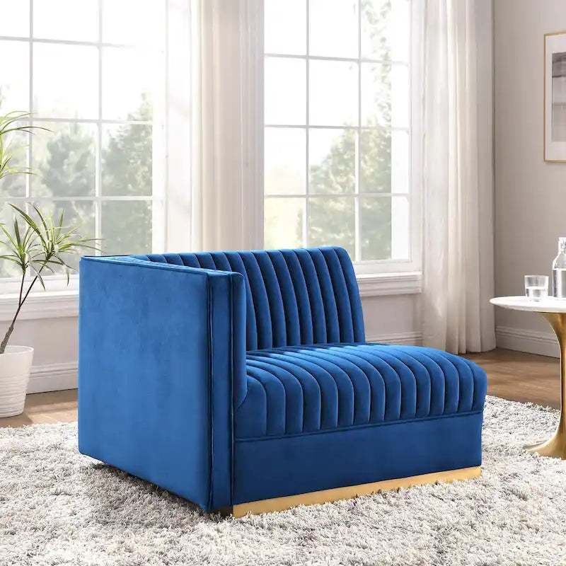 Sanguine Fauteuil accoudoir gauche pour canapé sectionnel modulable en velours performance à capitons canaux
