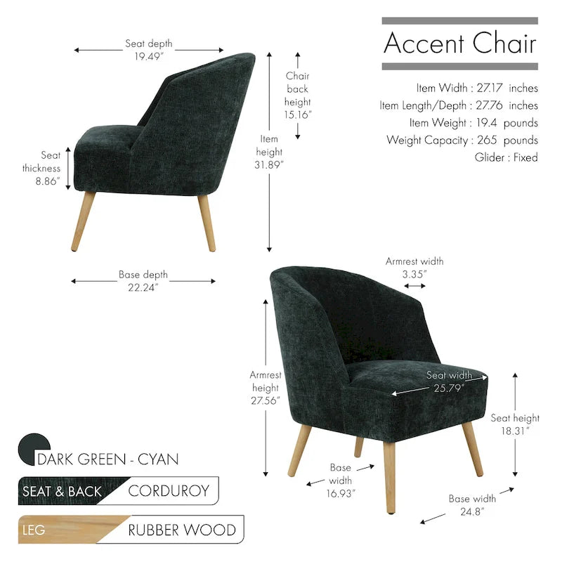 Fauteuil d'appoint en velours côtelé Quilla de Porthos Home avec pieds en bois d'hévéa