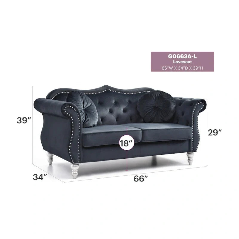 Causeuse Chesterfield en Velours Hollywood 68 pouces avec 2 Coussins Décoratifs - 68L x 35l x 34H pouces