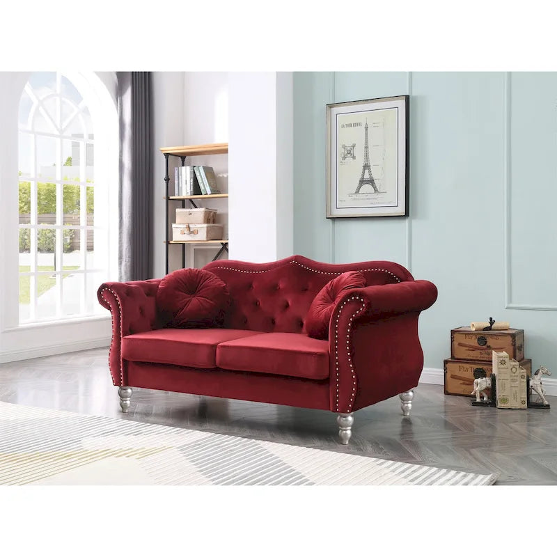Causeuse Chesterfield en Velours Hollywood 68 pouces avec 2 Coussins Décoratifs - 68L x 35l x 34H pouces