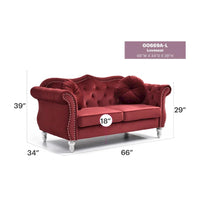 Causeuse Chesterfield en Velours Hollywood 68 pouces avec 2 Coussins Décoratifs - 68L x 35l x 34H pouces
