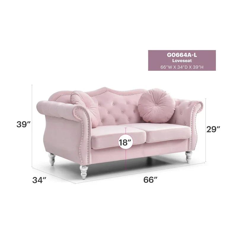 Causeuse Chesterfield en Velours Hollywood 68 pouces avec 2 Coussins Décoratifs - 68L x 35l x 34H pouces