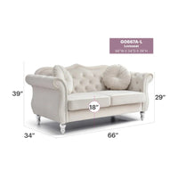 Causeuse Chesterfield en Velours Hollywood 68 pouces avec 2 Coussins Décoratifs - 68L x 35l x 34H pouces