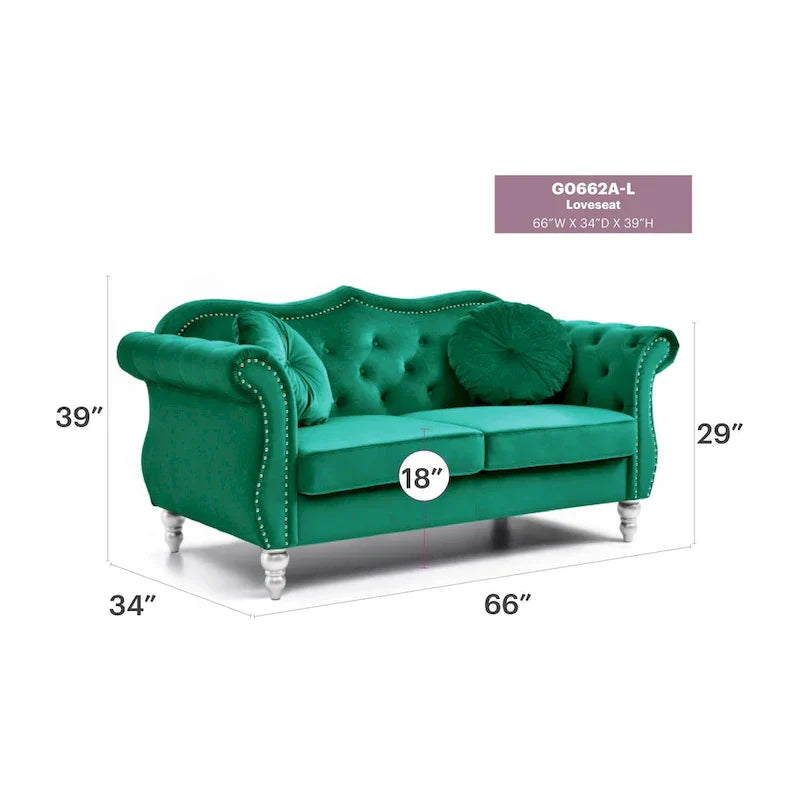 Causeuse Chesterfield en Velours Hollywood 68 pouces avec 2 Coussins Décoratifs - 68L x 35l x 34H pouces