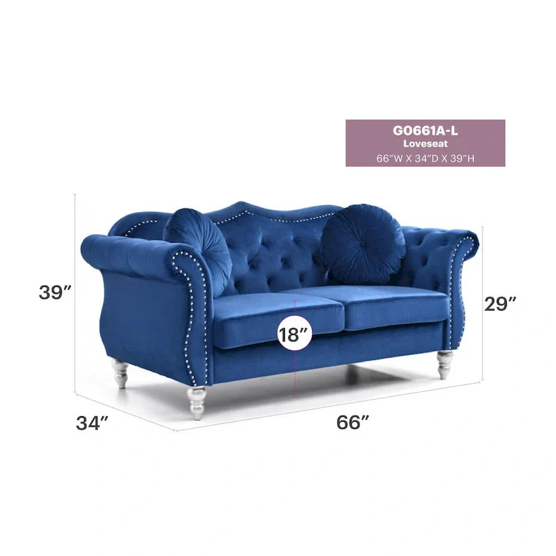 Causeuse Chesterfield en Velours Hollywood 68 pouces avec 2 Coussins Décoratifs - 68L x 35l x 34H pouces