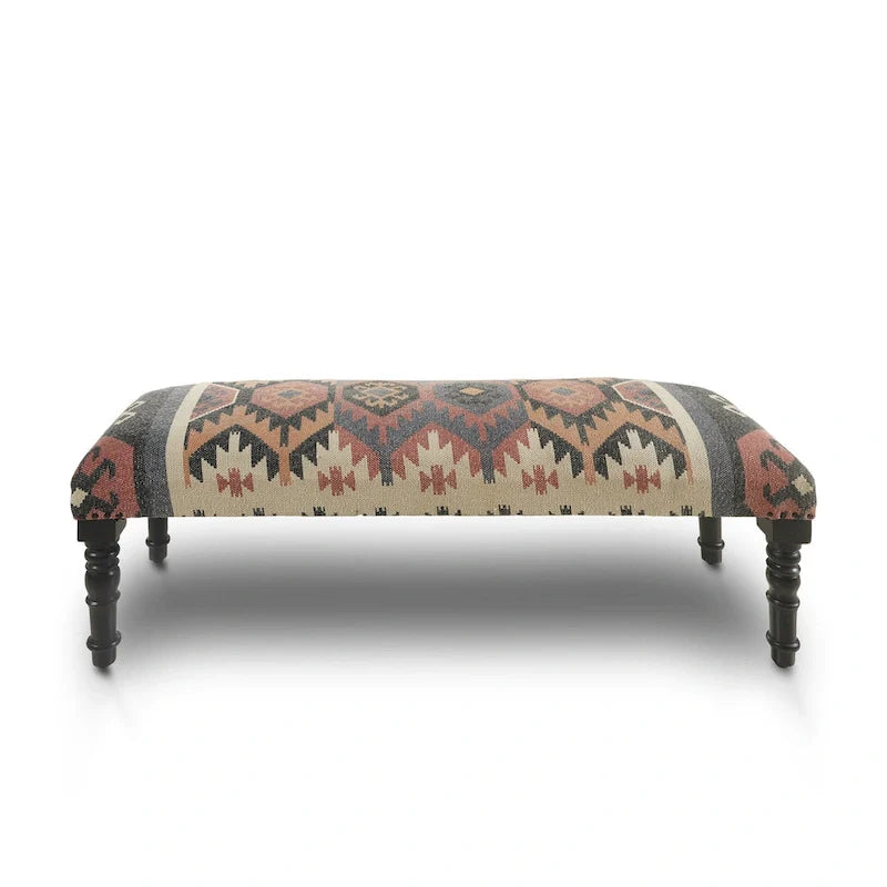 HomeRoots Banc rembourré en jute et mélange de laine beige, marron, rouille et noir au style sud-ouest vieilli - 47 x 18 x 16