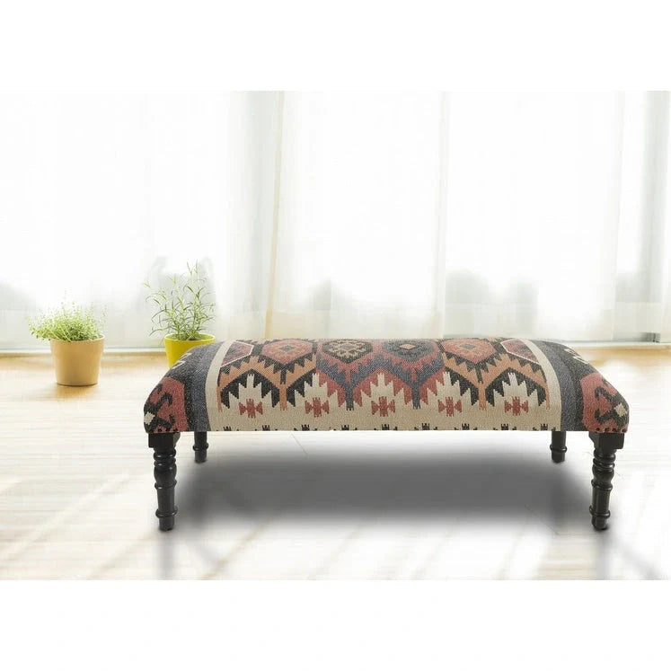 HomeRoots Banc rembourré en jute et mélange de laine beige, marron, rouille et noir au style sud-ouest vieilli - 47 x 18 x 16