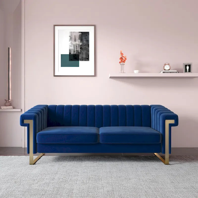 Canapé Chesterfield traditionnel capitonné en velours Takefuns, canapé avec coussins amovibles et pieds dorés