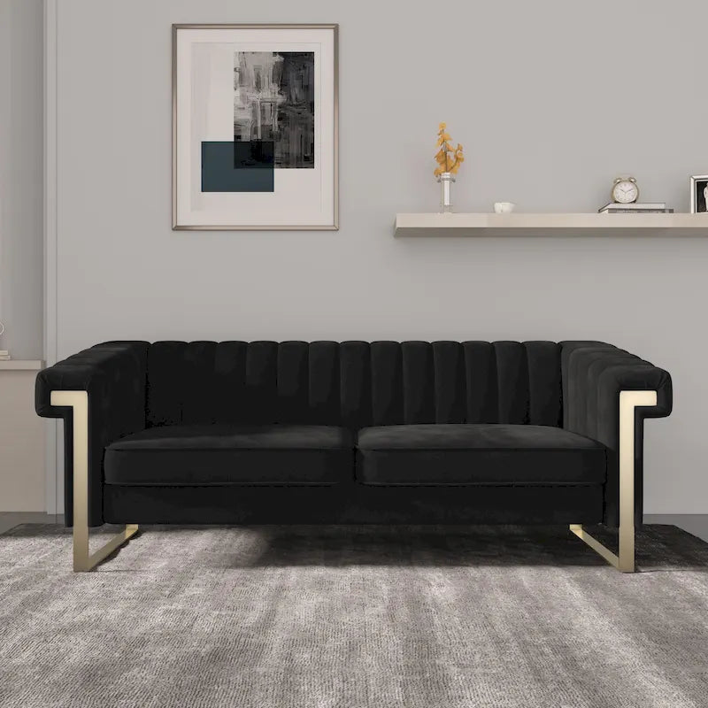 Canapé Chesterfield traditionnel capitonné en velours Takefuns, canapé avec coussins amovibles et pieds dorés