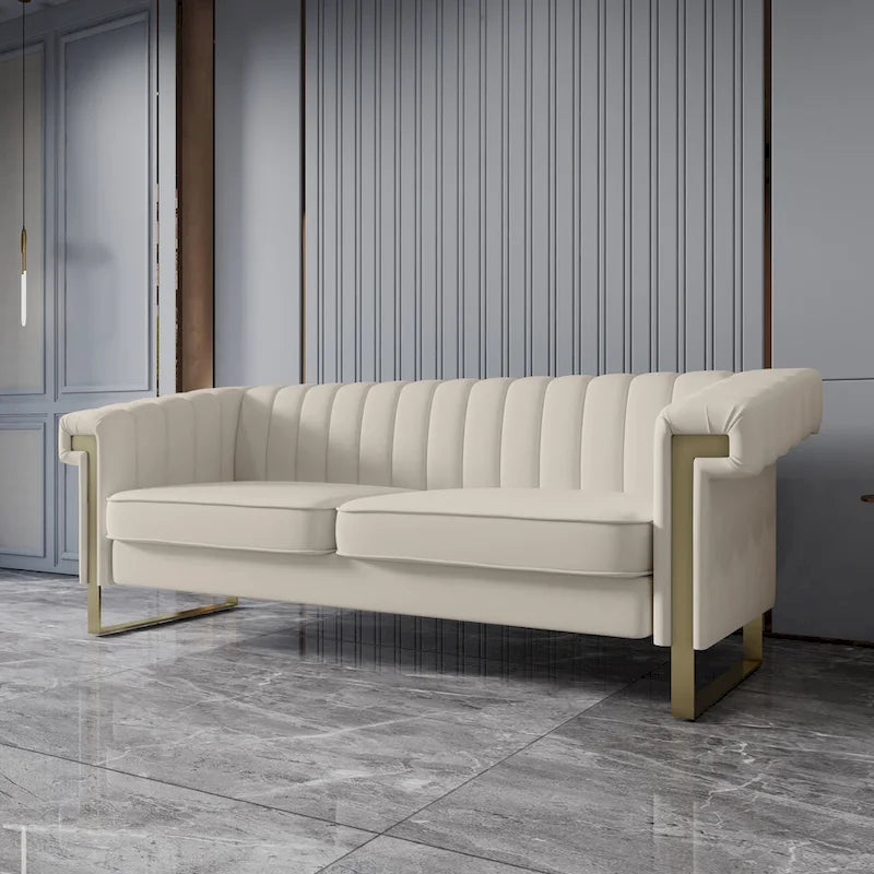 Canapé Chesterfield traditionnel capitonné en velours Takefuns, canapé avec coussins amovibles et pieds dorés