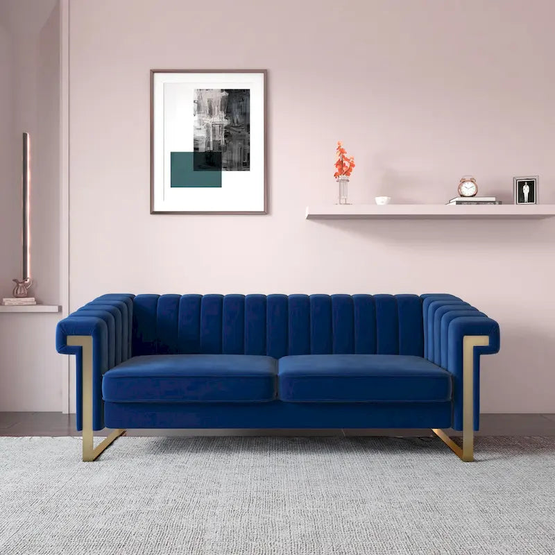 Canapé Chesterfield traditionnel capitonné en velours Takefuns, canapé avec coussins amovibles et pieds dorés