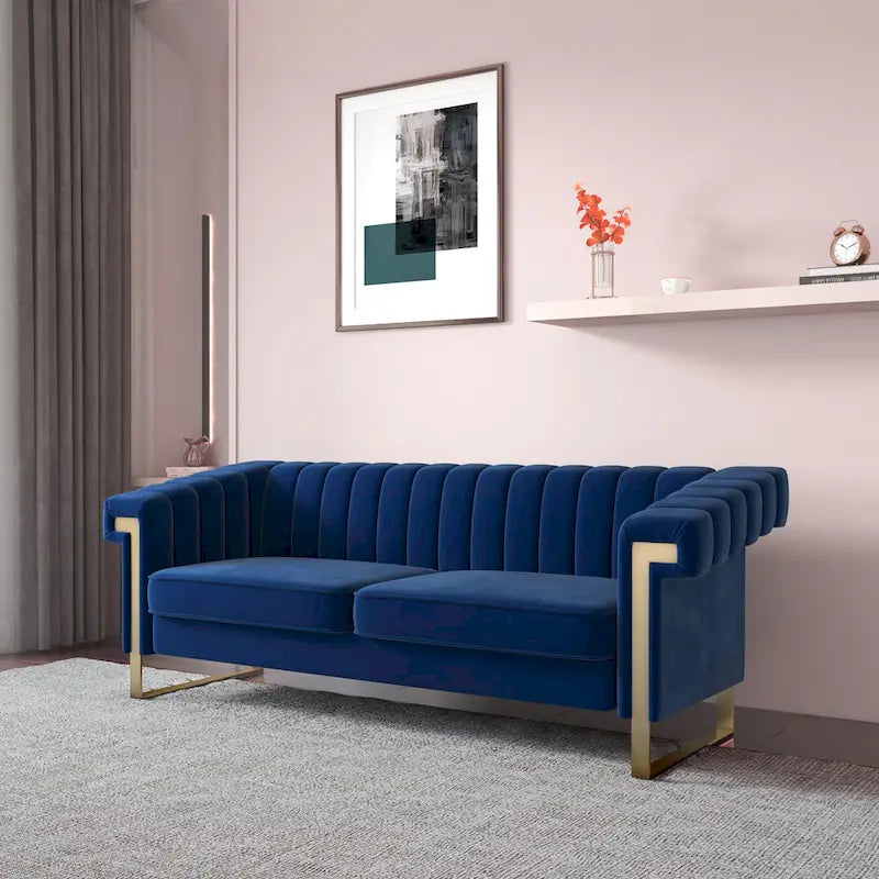 Canapé Chesterfield traditionnel capitonné en velours Takefuns, canapé avec coussins amovibles et pieds dorés