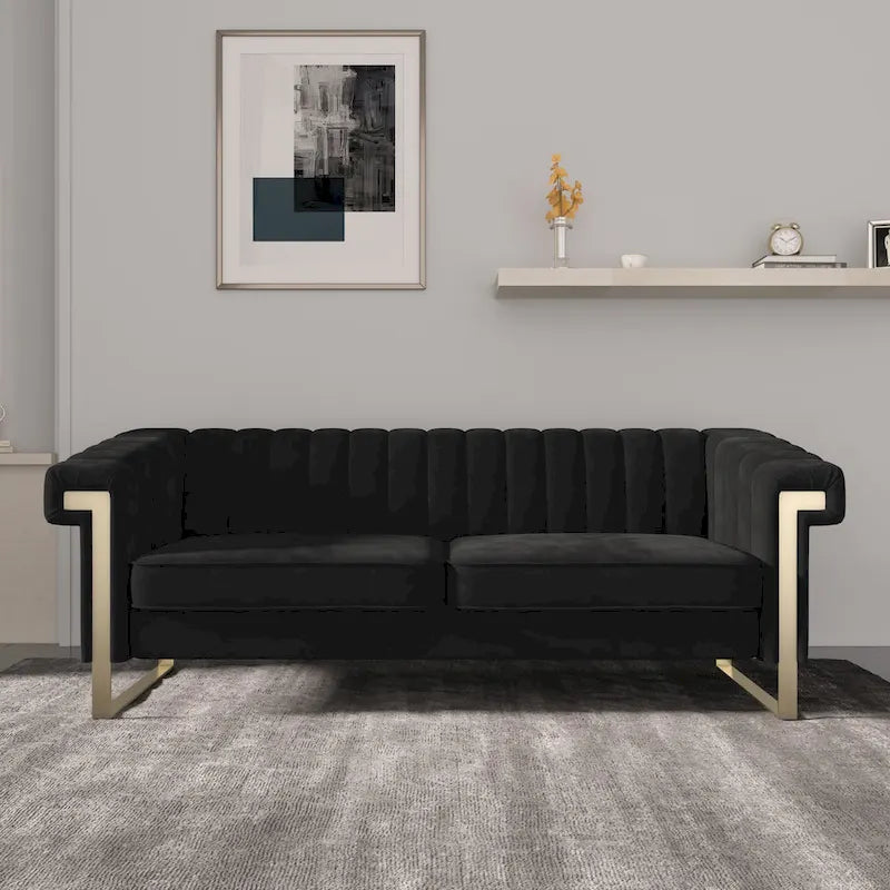 Canapé Chesterfield traditionnel capitonné en velours Takefuns, canapé avec coussins amovibles et pieds dorés