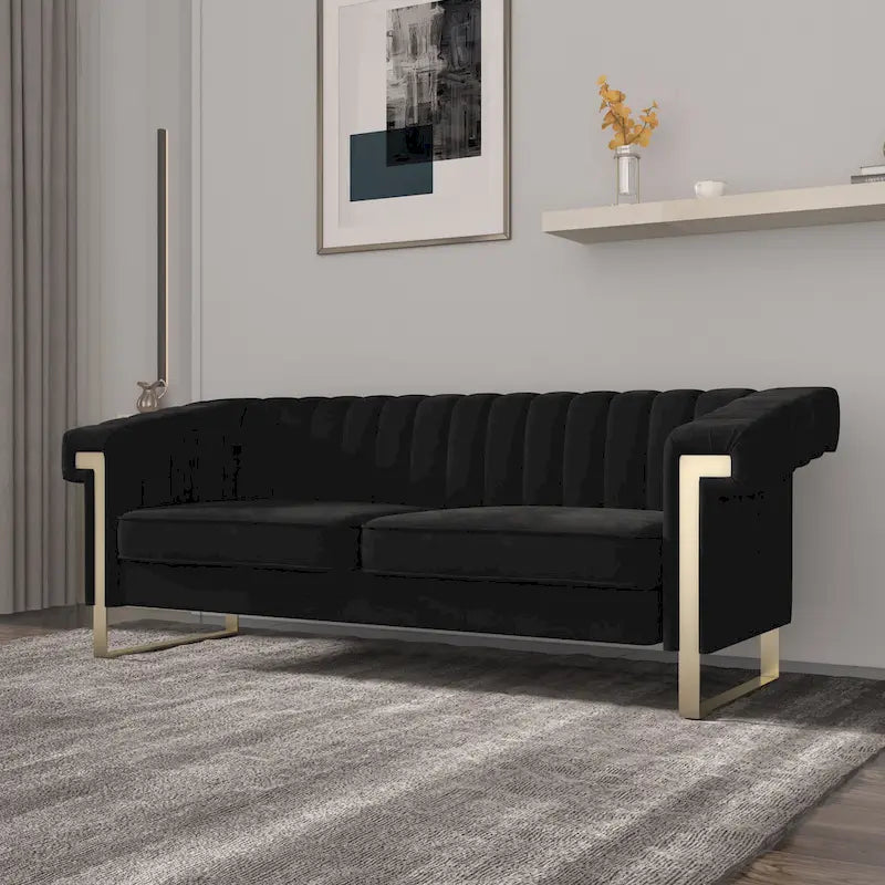 Canapé Chesterfield traditionnel capitonné en velours Takefuns, canapé avec coussins amovibles et pieds dorés