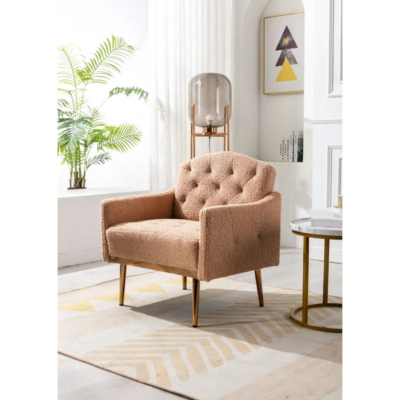 Fauteuil d'appoint capitonné en tissu Teddy avec pieds or rose