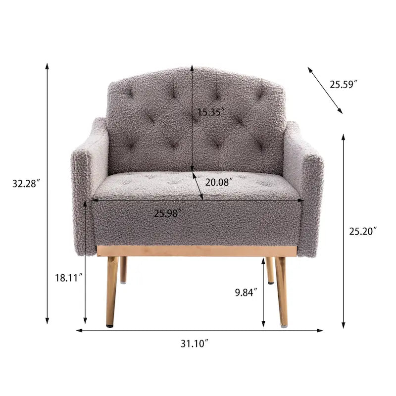 Fauteuil d'appoint capitonné en tissu Teddy avec pieds or rose