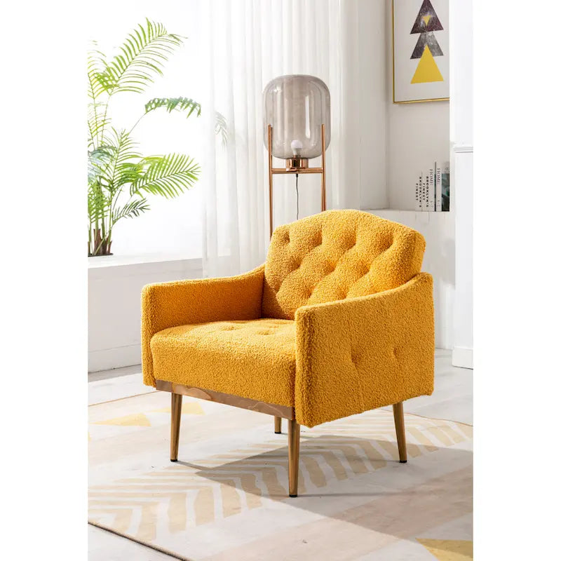 Fauteuil d'appoint capitonné en tissu Teddy avec pieds or rose
