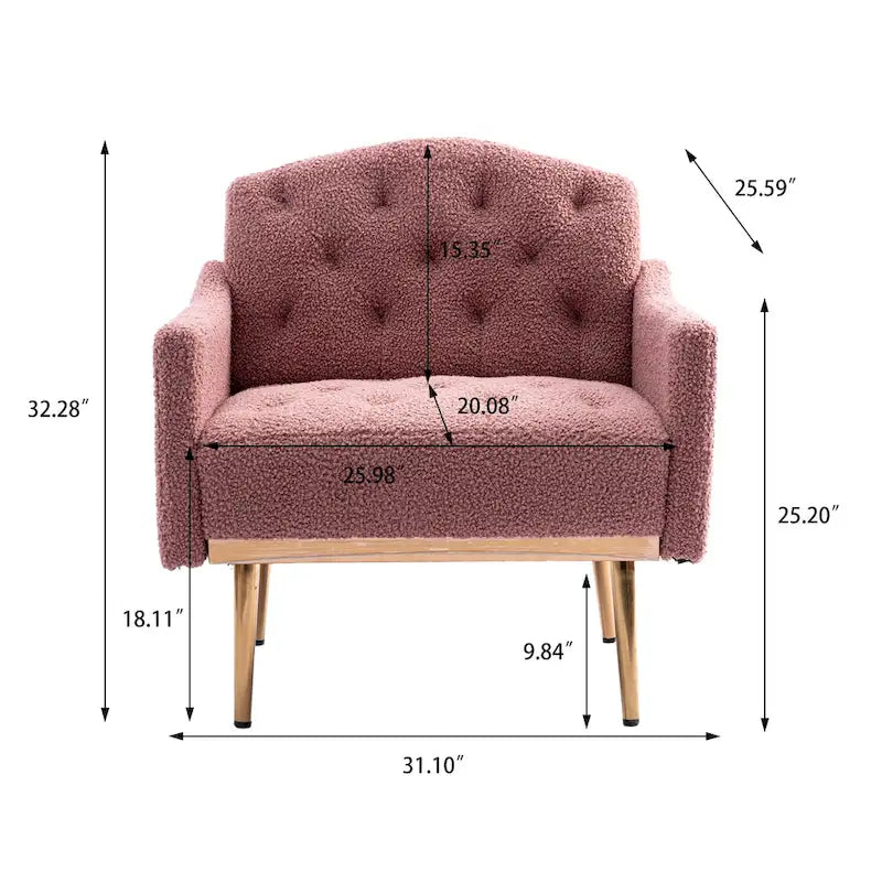 Fauteuil d'appoint capitonné en tissu Teddy avec pieds or rose